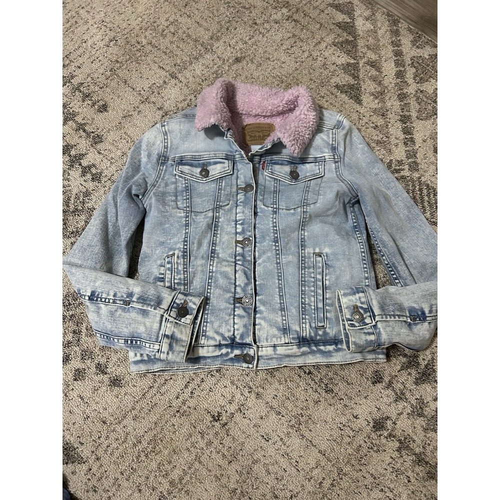 Girls Levi's Denim Jacket Pink Sherpa Lined Size Large 12-13 Years